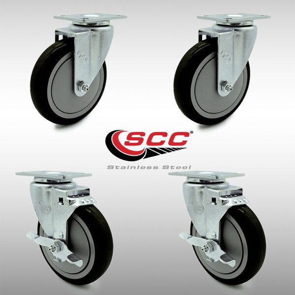 5 Inch SS Black Polyurethane Swivel Top Plate Caster Set with 2 Brakes SCC